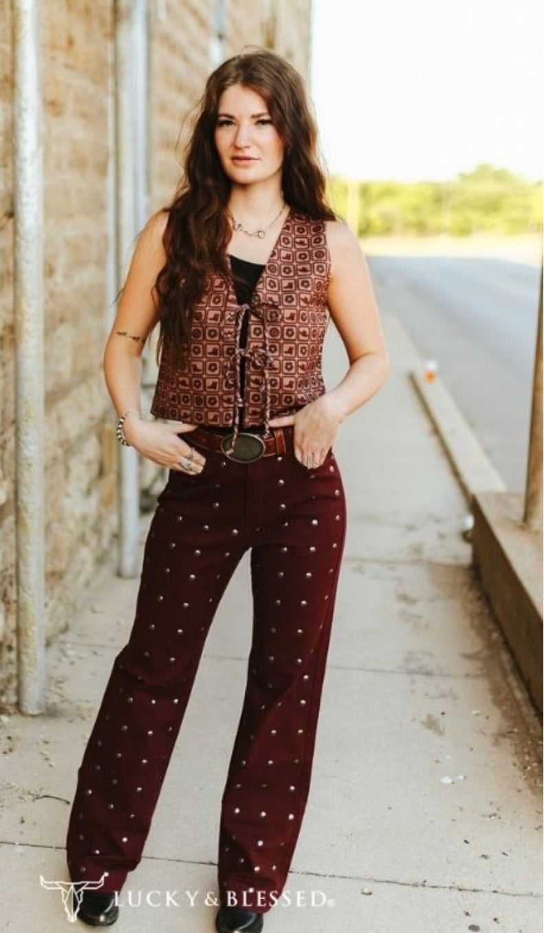 Burgundy Studded High Rise Straight Leg Denim