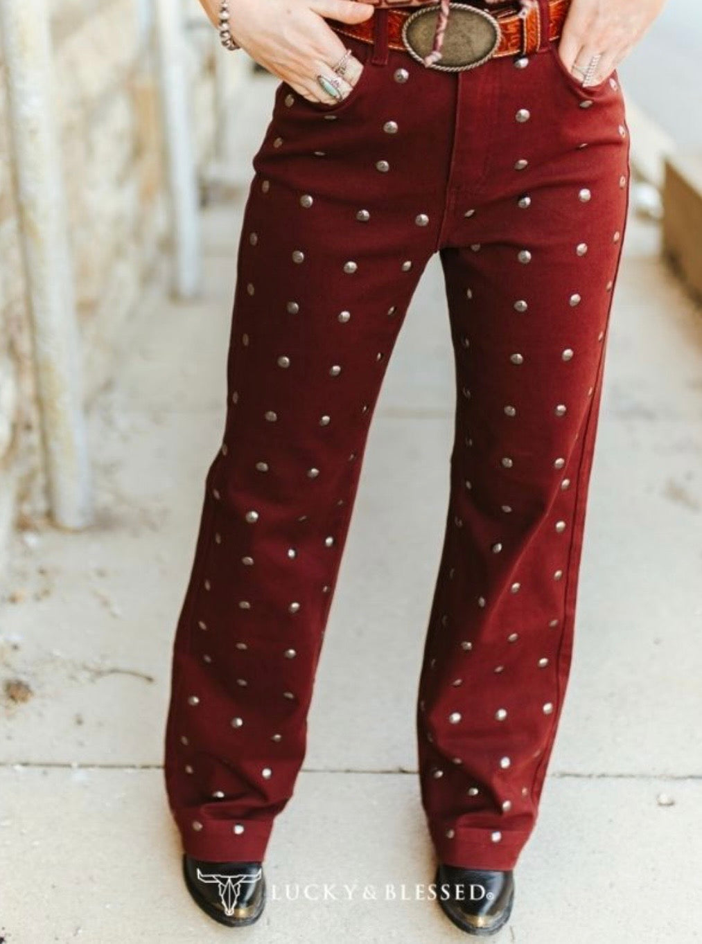 Burgundy Studded High Rise Straight Leg Denim
