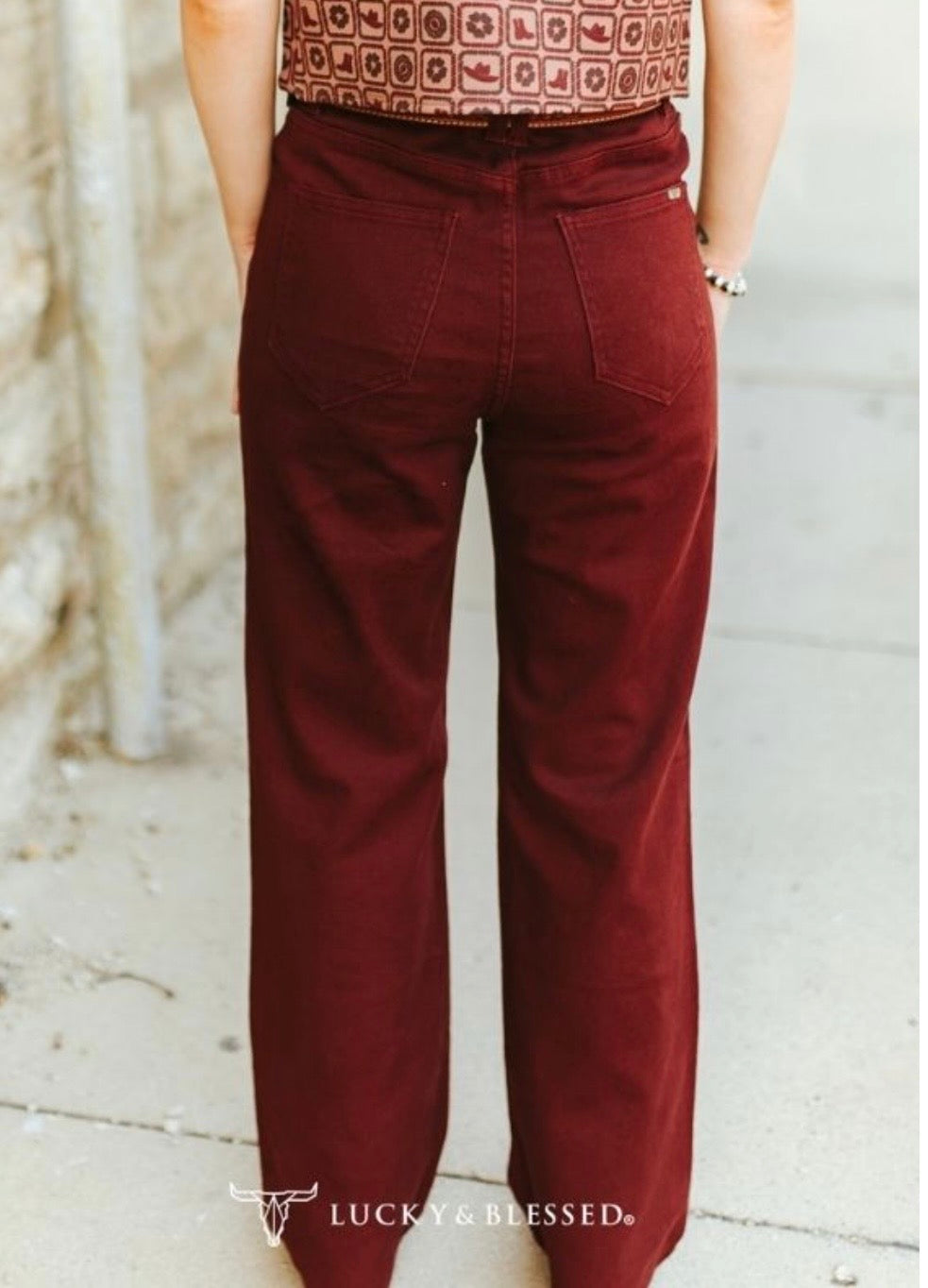 Burgundy Studded High Rise Straight Leg Denim