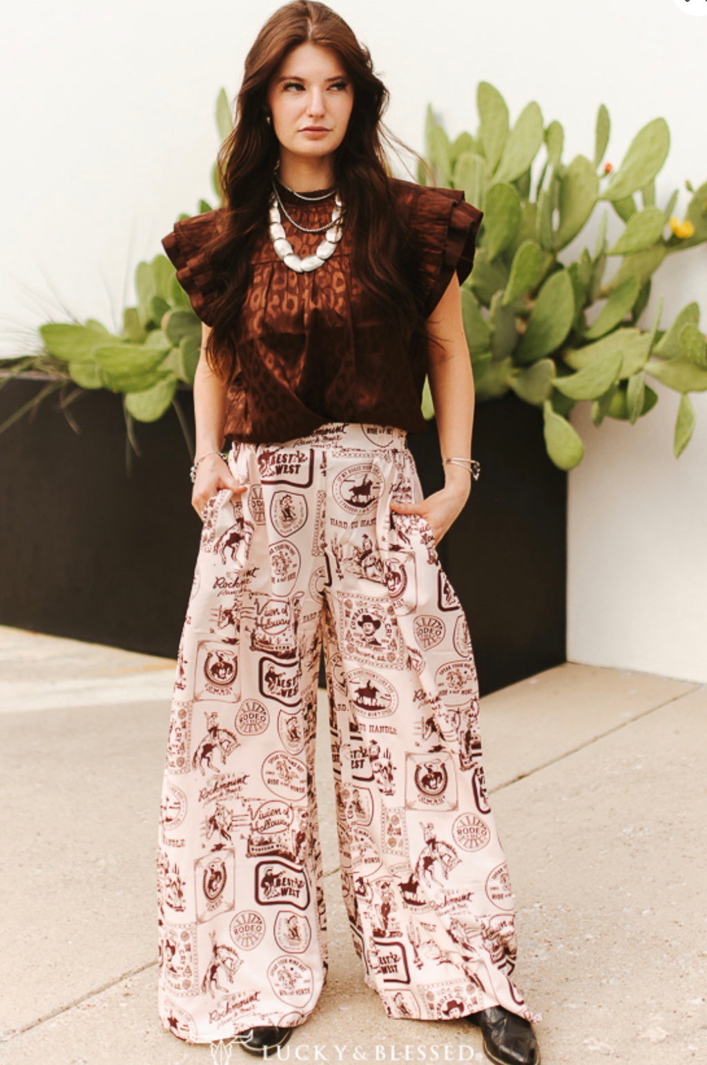 Beige Western Print Wide Leg Pant
