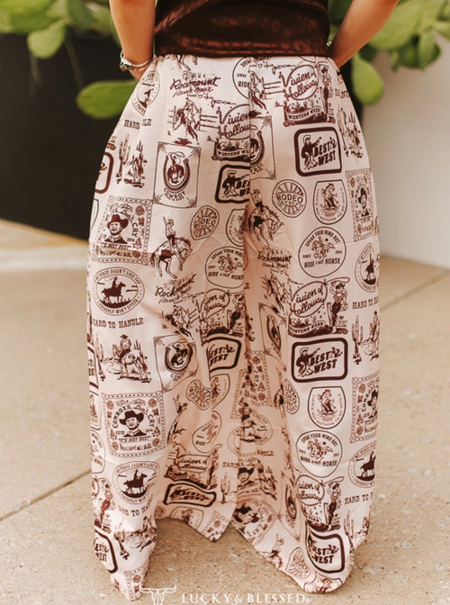 Beige Western Print Wide Leg Pant