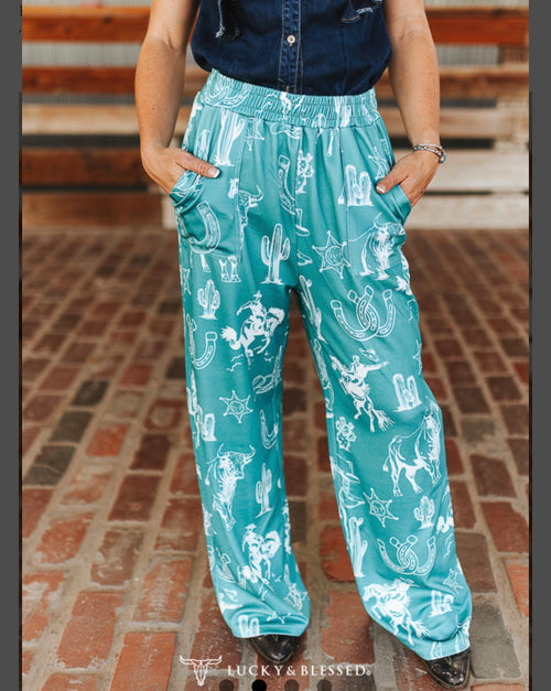Turquoise Western Print Wide Leg Pant