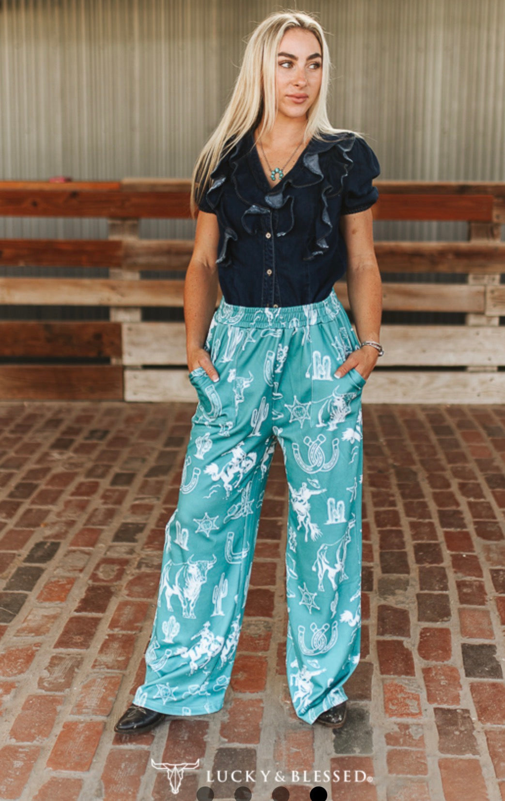Turquoise Western Print Wide Leg Pant